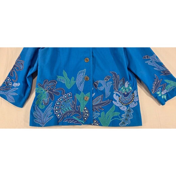 Chico’s Applique Jacket Ocean Blue Cotton Embroidered Lined Artsy Womens 2 Large - Picture 6 of 12